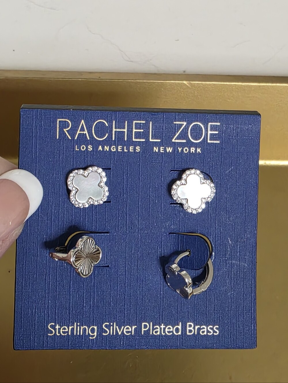 Rachel Zoe White Mother-of-Pearl and Silver Clover Earring Set